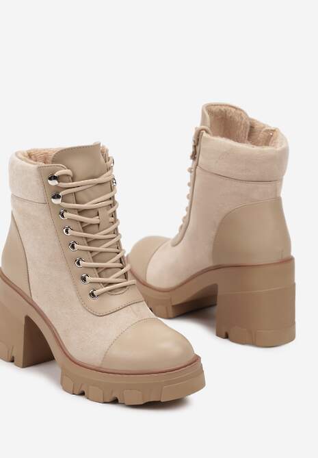 Beżowe Botki na Obcasie z Platformą Ozdobione Wstawkami Ezilda