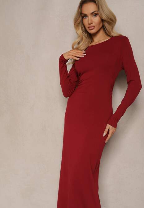 Bordowa Sukienka z Wiskozą o Dopasowanym Kroju na Guziki Linnevia