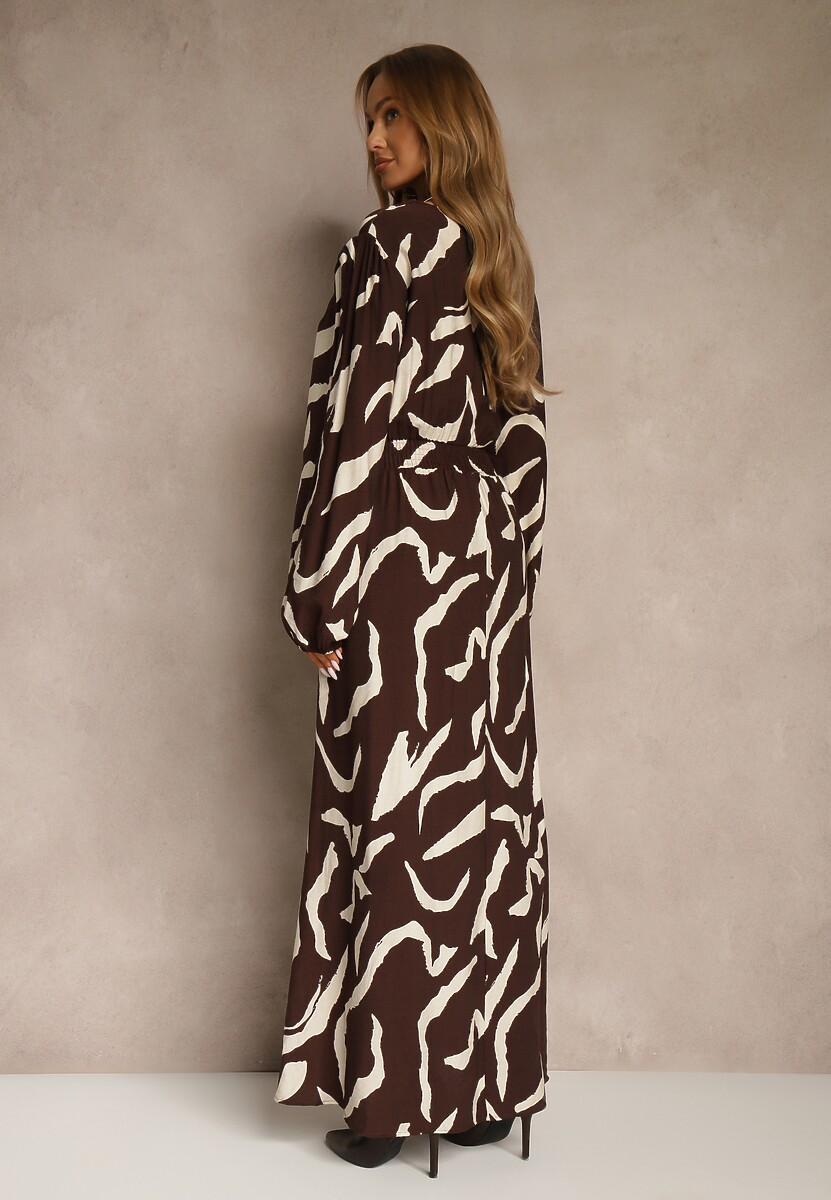 Brązowa Sukienka z Wiskozą o Rozkloszowanym Kroju Netiva