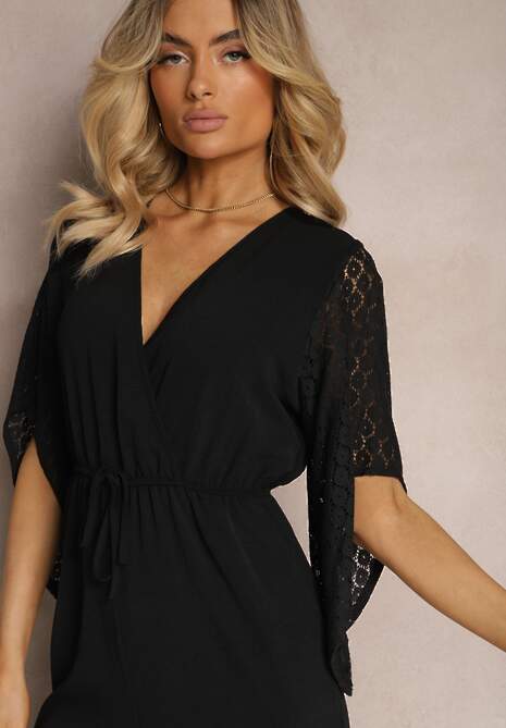 Czarny Kombinezon z Szerokimi Nogawkami Typu Dzwony z Koronką Fielara