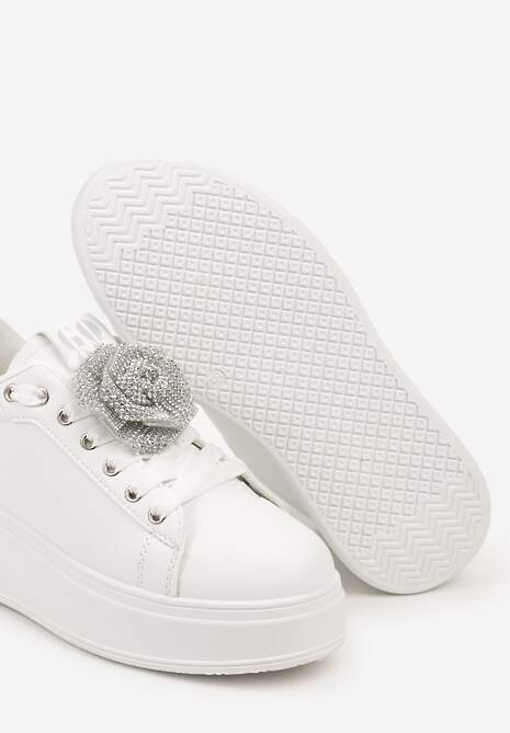 Biało-Srebrne Sneakersy na Platformie z Aplikacją Kwiatu 3D z Cyrkoniami Navilda