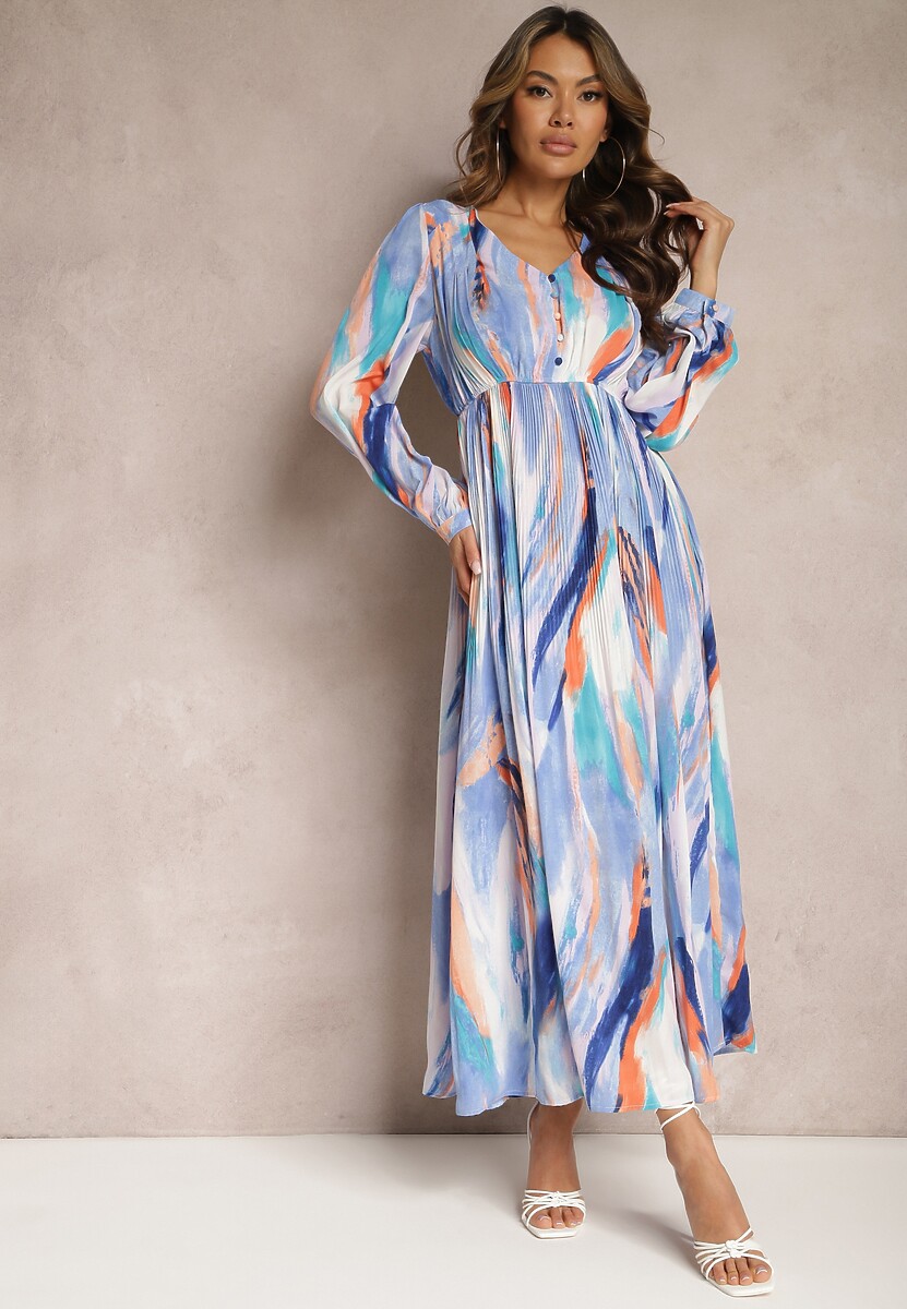 Niebieska Rozkloszowana Sukienka z Gumką w Talii i Akwarelowym Wzorem Kasille