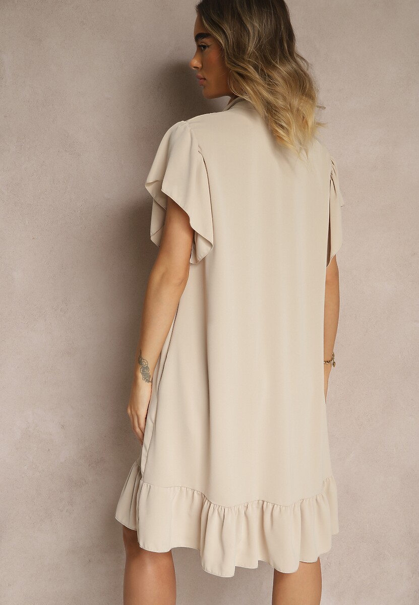 Beżowa Koszulowa Sukienka Ozdobiona Falbankami i Guzikami Tenelora