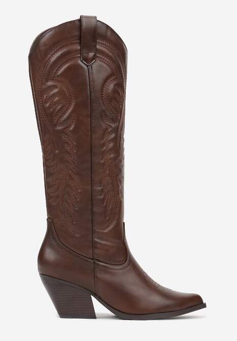 Brązowe Kozaki Kowbojki na Stożkowym Obcasie Zdobione Przeszyciami Lumifera