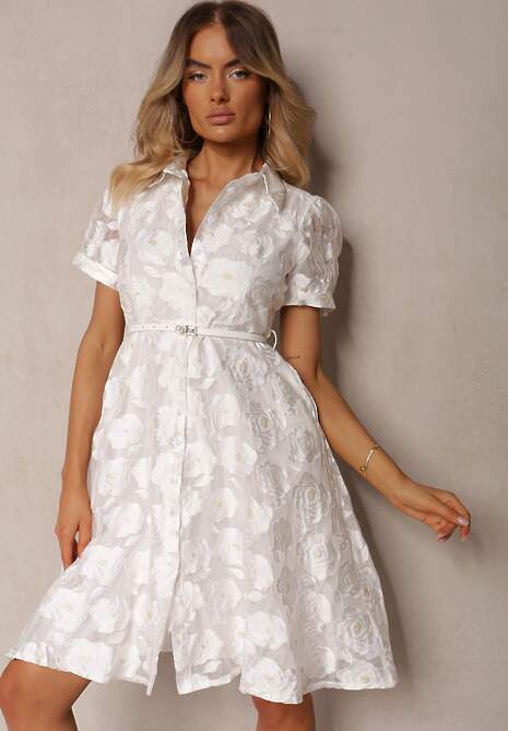 Biała Koktajlowa Taliowana Sukienka o Kroju Koszulowym Ozdobiona Paskiem z Perełką Vimalette