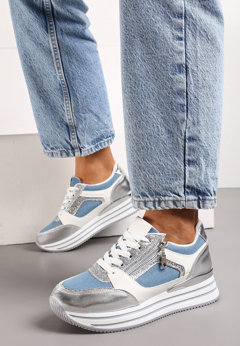 Niebiesko-Srebrne Sneakersy z Brokatowymi Wstawkami i Krótkim Suwakiem Naiwra
