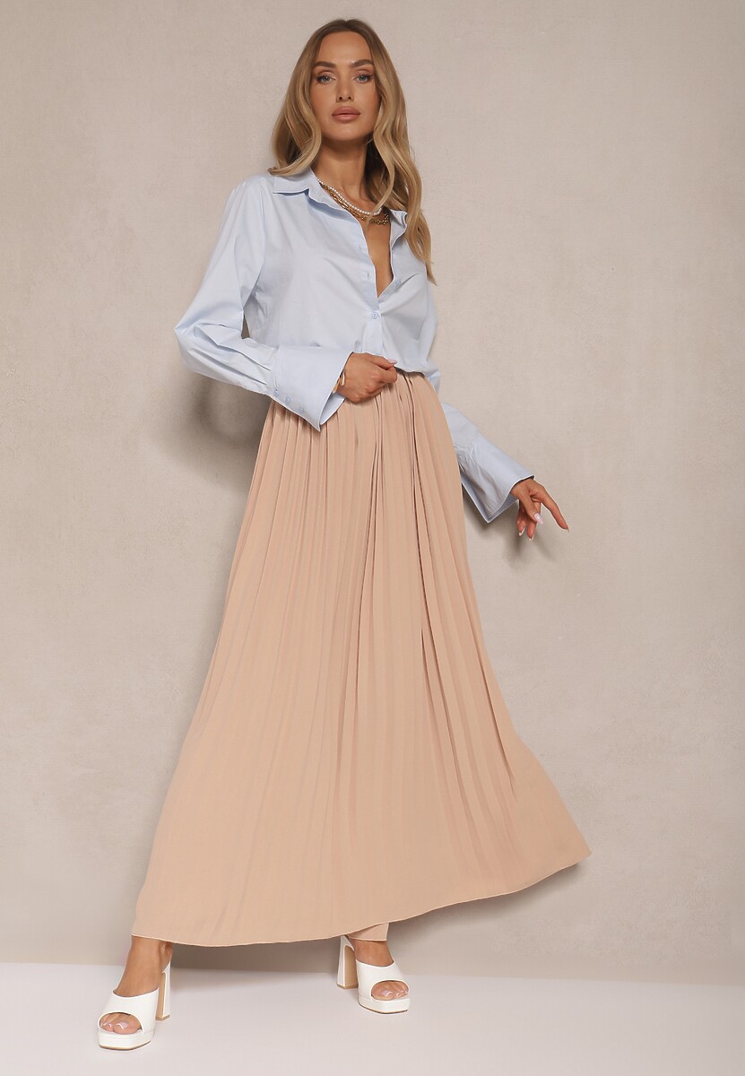 Beżowa Plisowana Spódnica o Rozkloszowanym Kroju z Gumką w Talii Ulindris