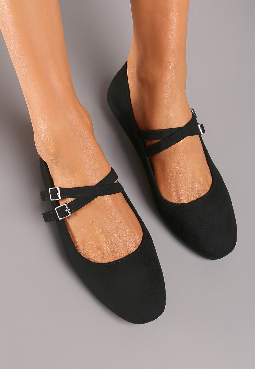 Czarne Balerinki o Kwadratowym Nosku z Paskami i Eleganckimi Klamerkami Nailan