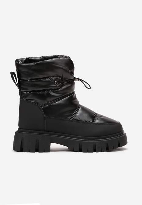 Czarne Śniegowce na Niskiej Platformie z Ozdobnym Pikowaniem i Ściągaczem Raballa