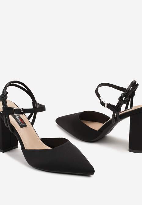Czarne Sandały na Słupkowym Obcasie ze Szpiczastym Noskiem i Paskiem z Cyrkoniami Ennalith