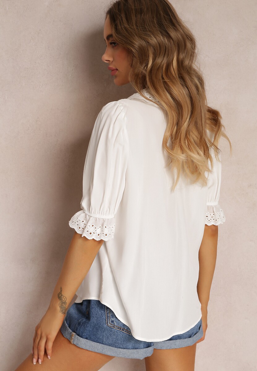 Biała Koszula z Haftowanym Kołnierzem i Rękawem z Gumką Prescotta