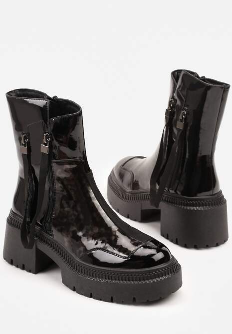 Czarne Botki Lakierowane Vices Ozdobione Tasiemką Rotine