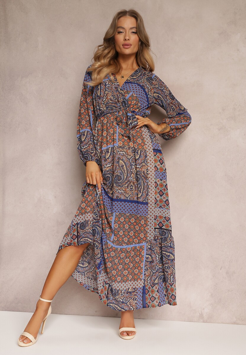 Niebiesko-Brązowa Sukienka Rozkloszowana w Patchworkowy Wzór Balmi