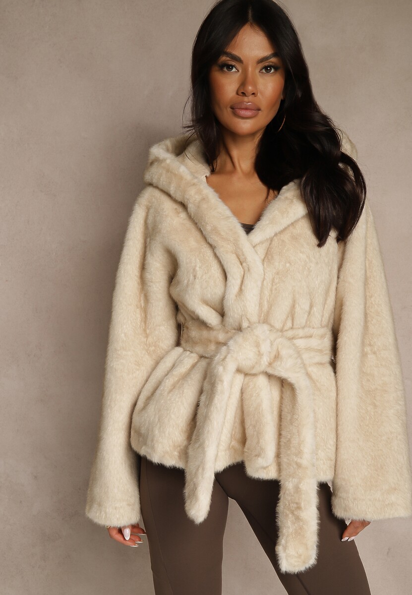 Jasnobrązowa Futerkowa Kurtka z Kapturem i Wiązanym Paskiem Zetele