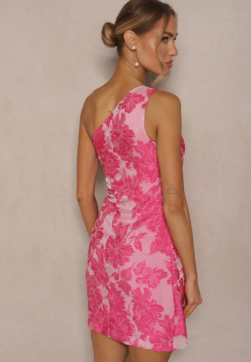Różowa Sukienka w Kwiaty o Taliowanym Fasonie z Asymetryczną Górą na Jedno Ramię Halavira