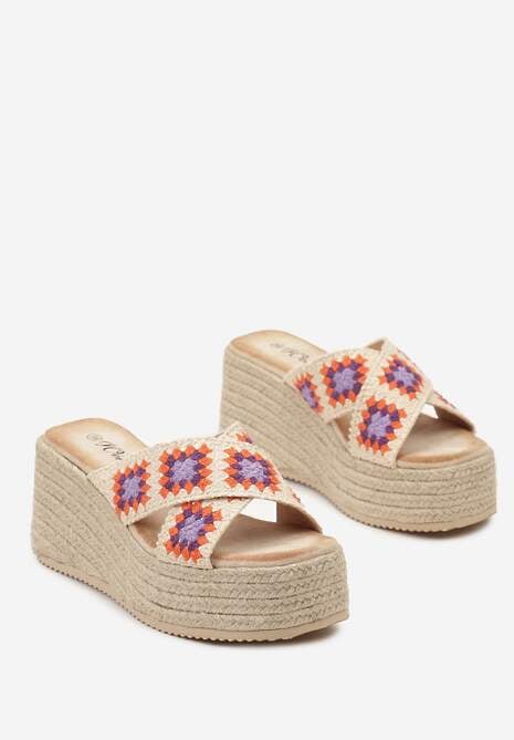 Beżowo-Fioletowe Klapki w Stylu Boho na Koturnie z Platformą Ozdobioną Plecionką Picela