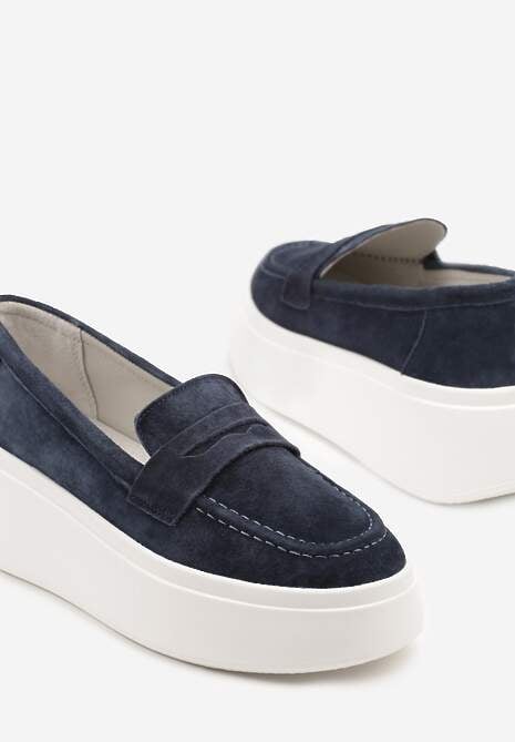 Granatowe Półbuty w Stylu Mokasynów na Platformie ze Skóry Naturalnej Nilovira