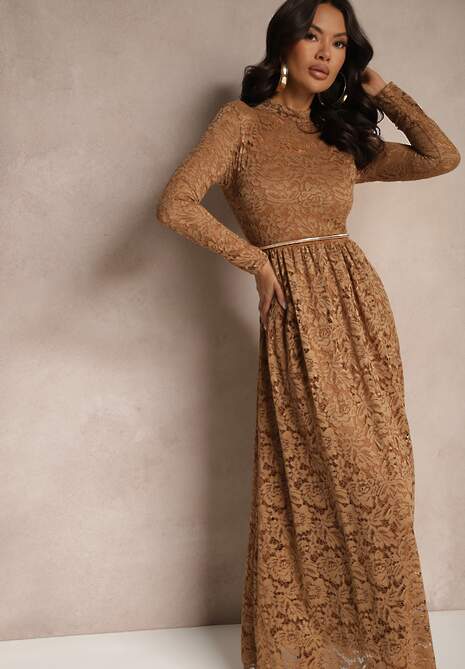 Beżowa Koronkowa Sukienka o Rozkloszowanym Kroju ze Stójką i Gumką w Pasie Delidra