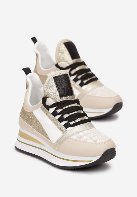 Beżowe Płaskie Sneakersy na Grubej Podeszwie ze Sznurowaniem Ozdobione Brokatem Krisfina