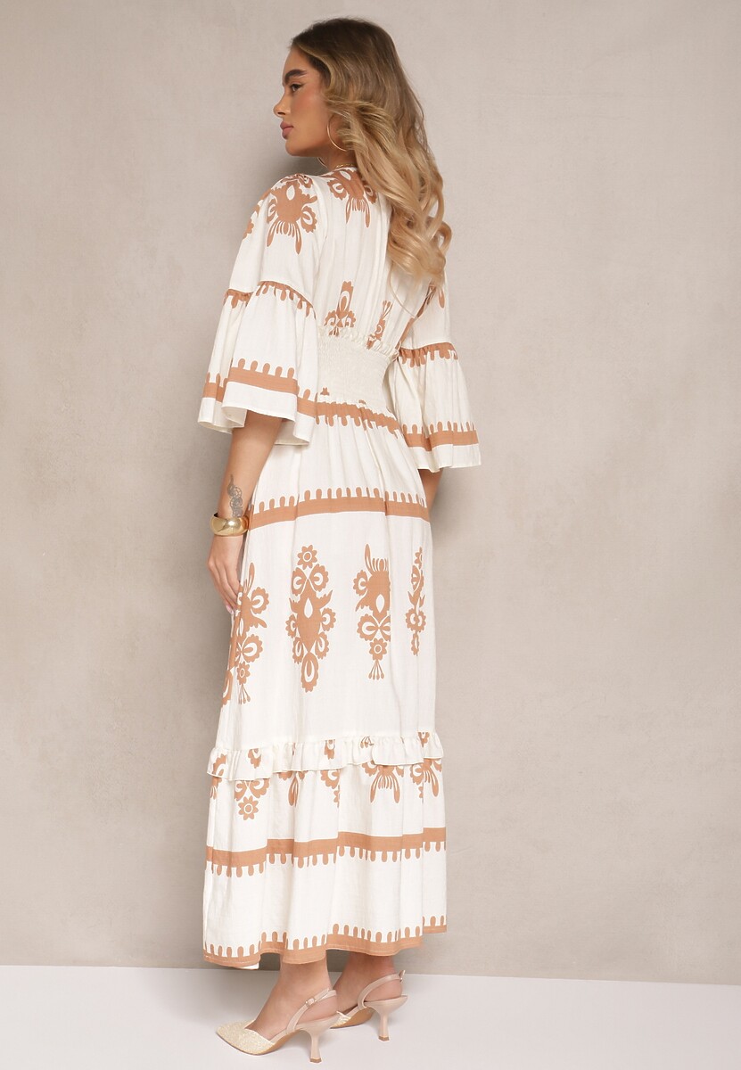 Beżowa Boho Sukienka z Wiskozą z Szeroką Gumką w Talii w Etniczny Wzór Efalios