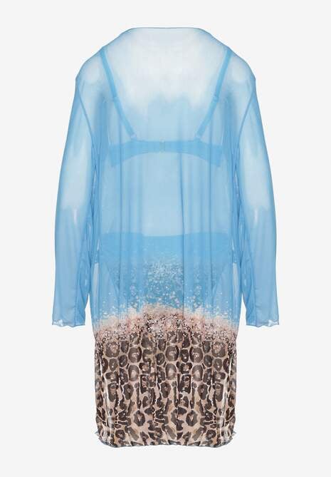 Jasnoniebieski Komplet Bikini Majtki Figi Biustonosz i Narzutka w Panterkę Paselina