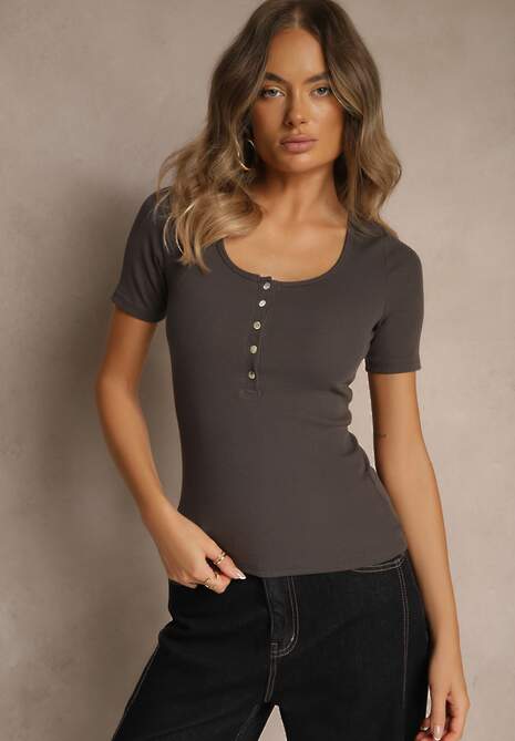 Ciemnoszary Bawełniany T-shirt Prążkowany z Guzikami Florvivi