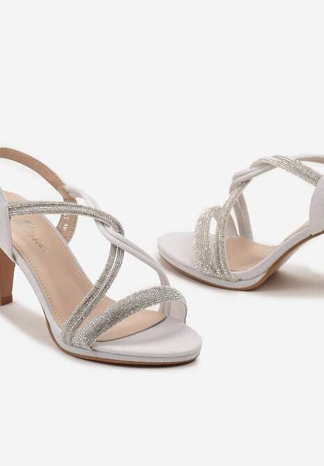 Białe Brokatowe Sandały na Szpilce ze Wstawkami z Cyrkonii Malindea