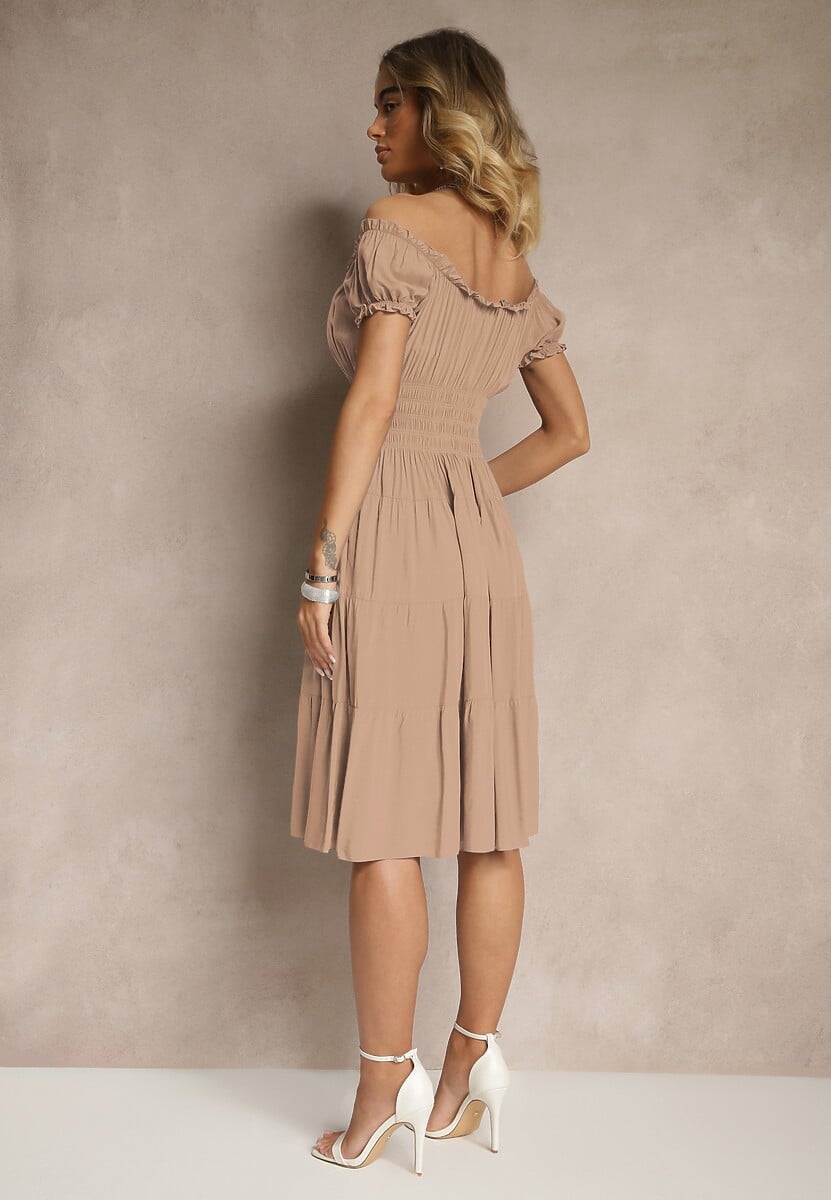 Ciemnobeżowa Sukienka Rozkloszowana z Bawełny z Bufiastymi Rękawami i Guzikami Anniliana