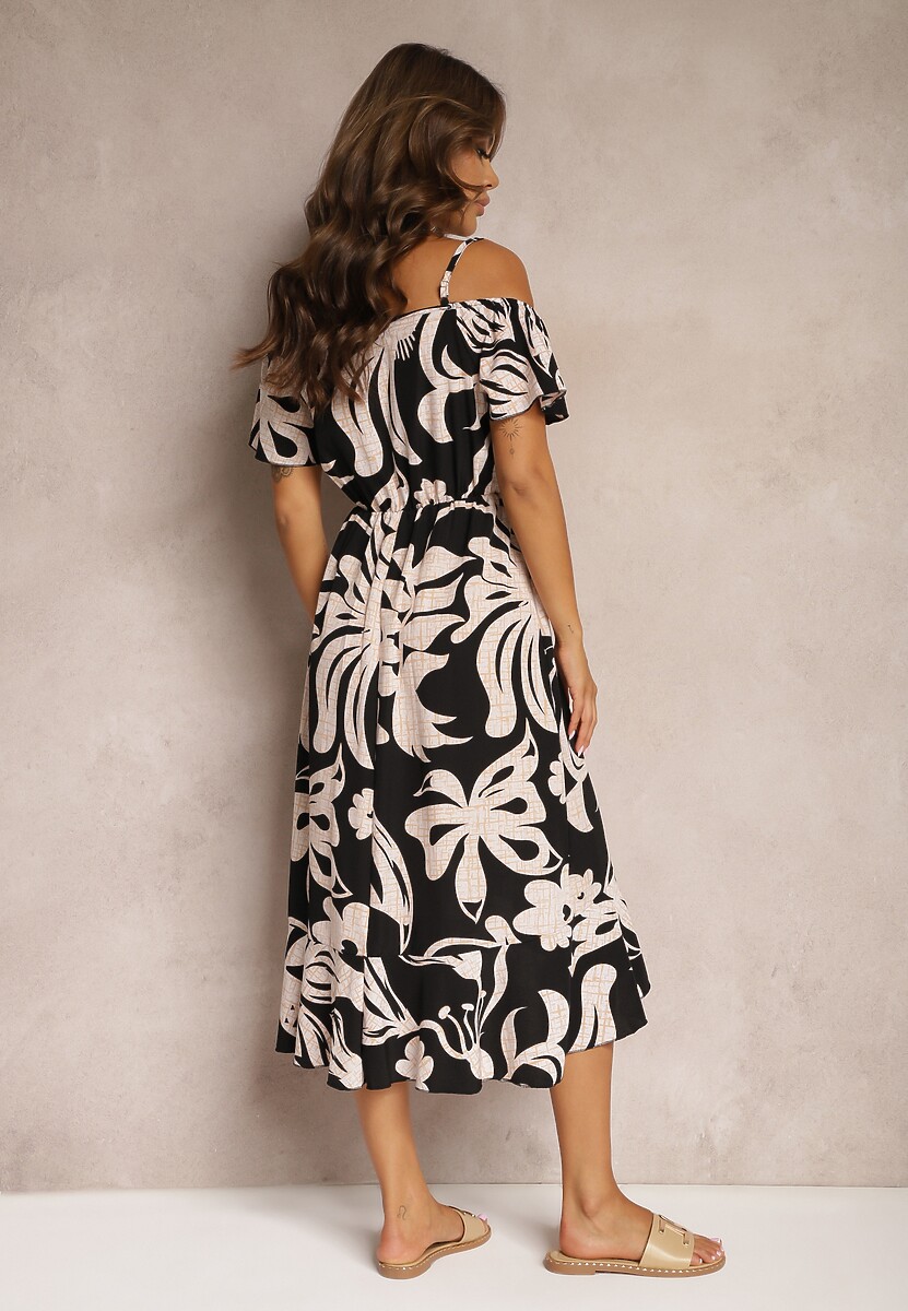 Czarno-Beżowa Sukienka na Ramiączkach z Hiszpańskim Dekoltem i Gumką w Talii Nellondra