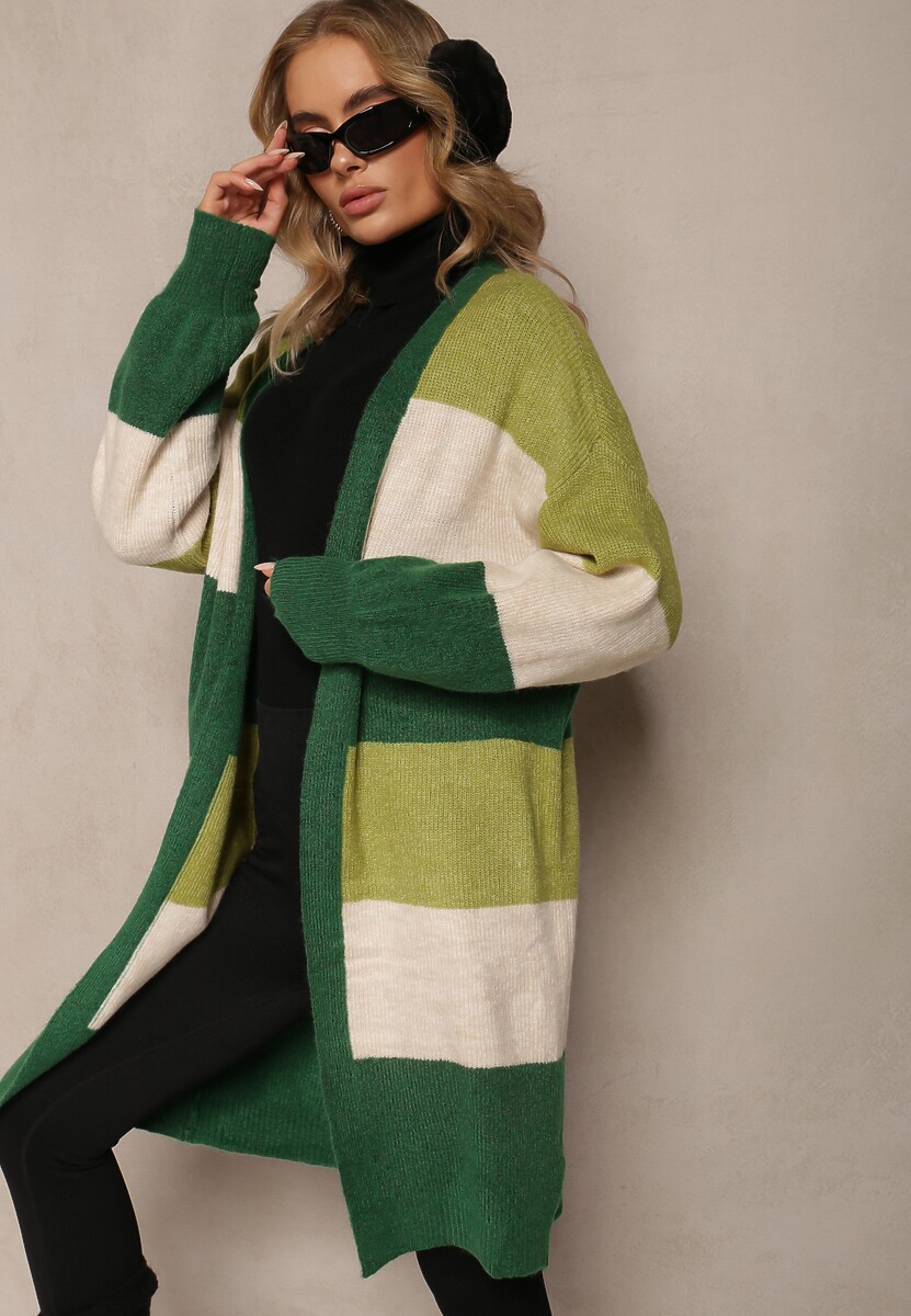 Zielony Luźny Kardigan Niezapinany w Paski Blikoze