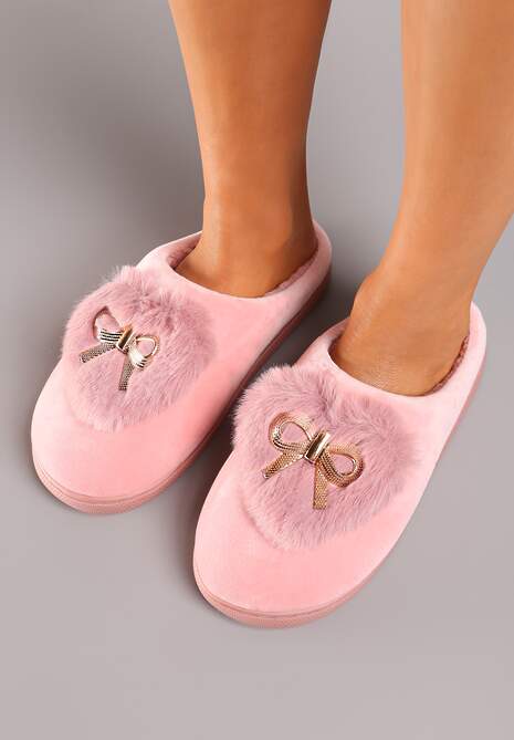 Ciemnoróżowe Kapcie na Płaskiej Podeszwie z Kokardą Lerilina