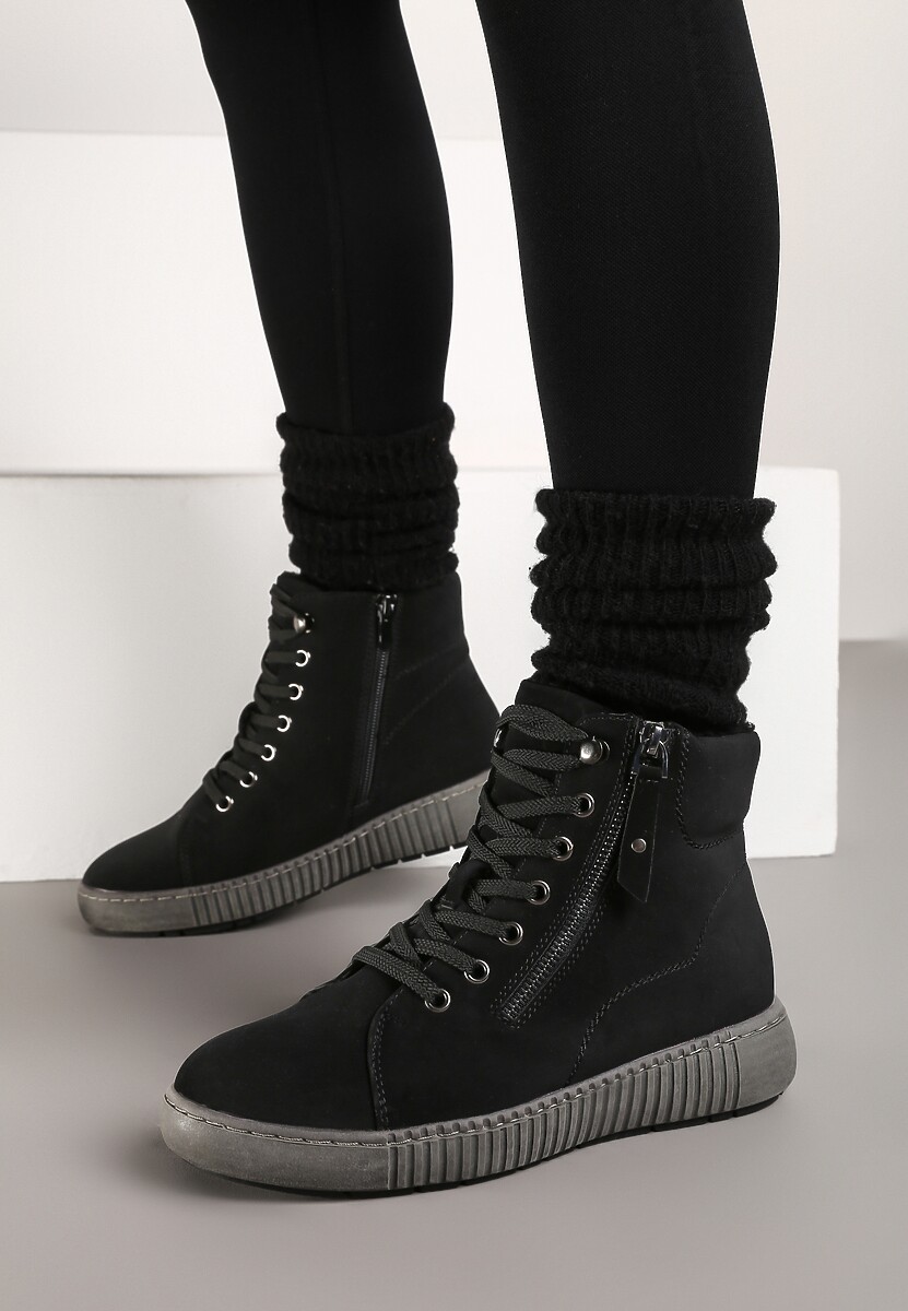 Czarne Traperki Sportowe ze Sznurowaniem i Ociepleniem Persetina