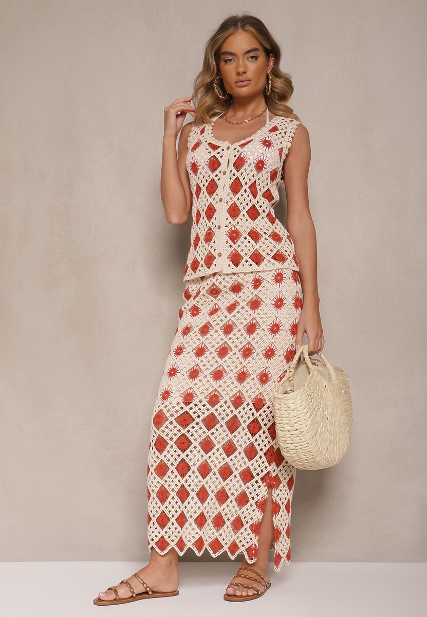 Czarna Ołówkowa Spódnica z Szydełkowej Tkaniny z Gumką w Talii Banamira