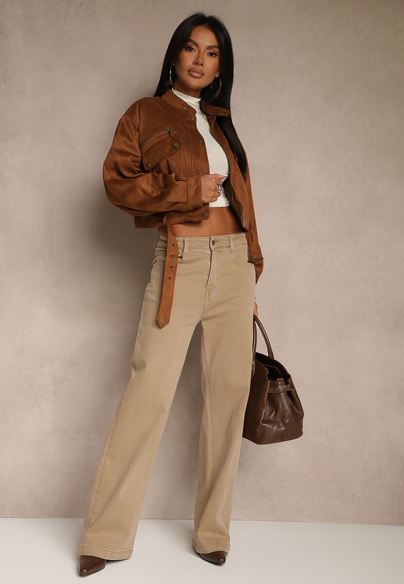 Beżowe Bawełniane Jeansy Regular Waist z Szerokimi Nogawkami Nindria