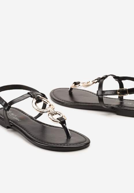 Czarne Płaskie Sandały z Ekoskóry Zapinane na Sprzączkę z Ozdobnymi Aplikacjami Viruna