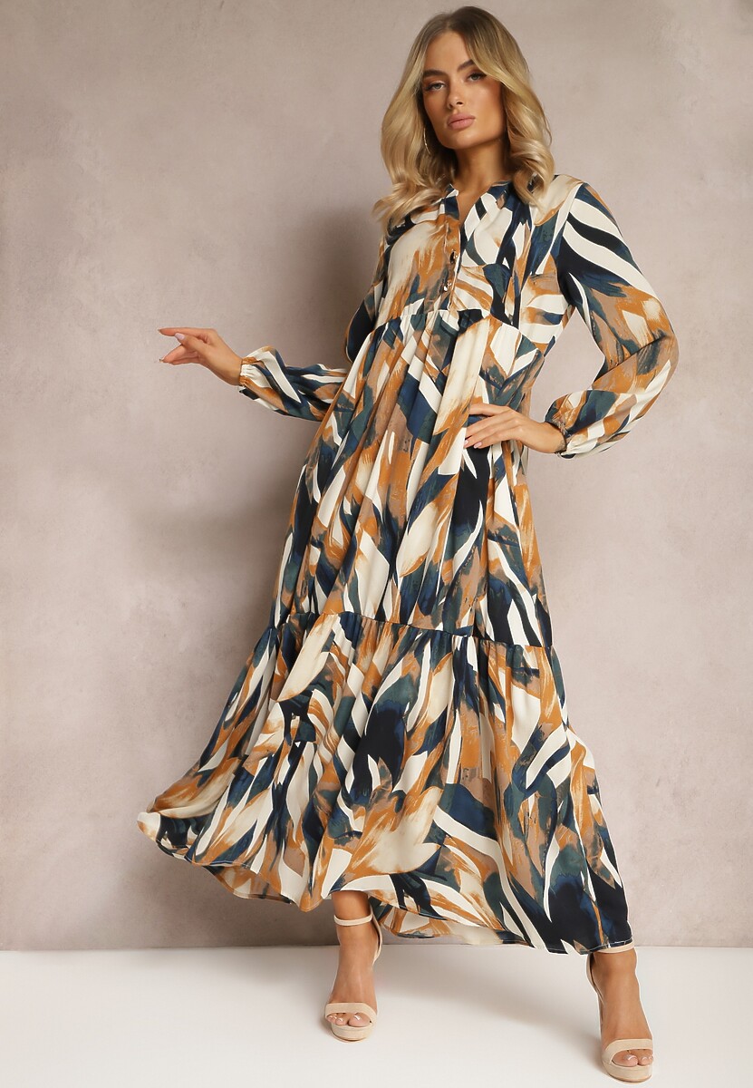 Beżowo-Brązowa Rozkloszowana Sukienka o Koszulowym Fasonie w Abstrakcyjny Print Asequa