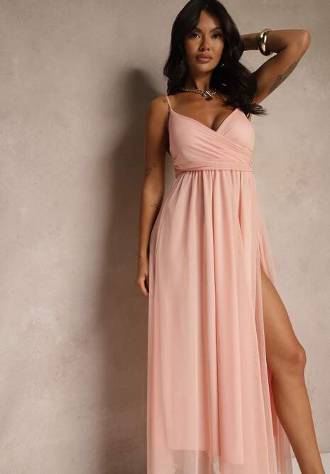 Różowa Sukienka Koktajlowa Ozdobiona Tiulowym Materiałem Deviora