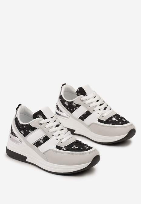 Biało-Czarne Sneakersy z Cekinami i Brokatem na Grubej Podeszwie Mabirra