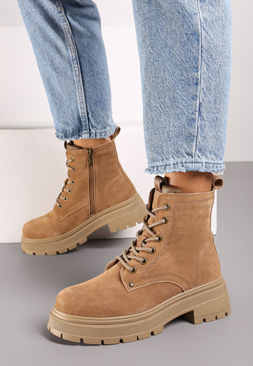 Brązowe Skórzane Botki Workery Ocieplone Futerkiem Enariva