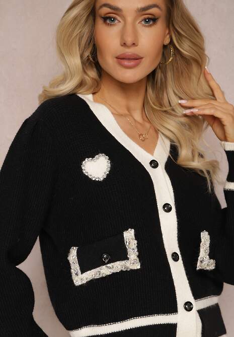 Czarny Wiskozowy Sweter Kardigan z Kontrastową Lamówką i Naszywkami Narjee