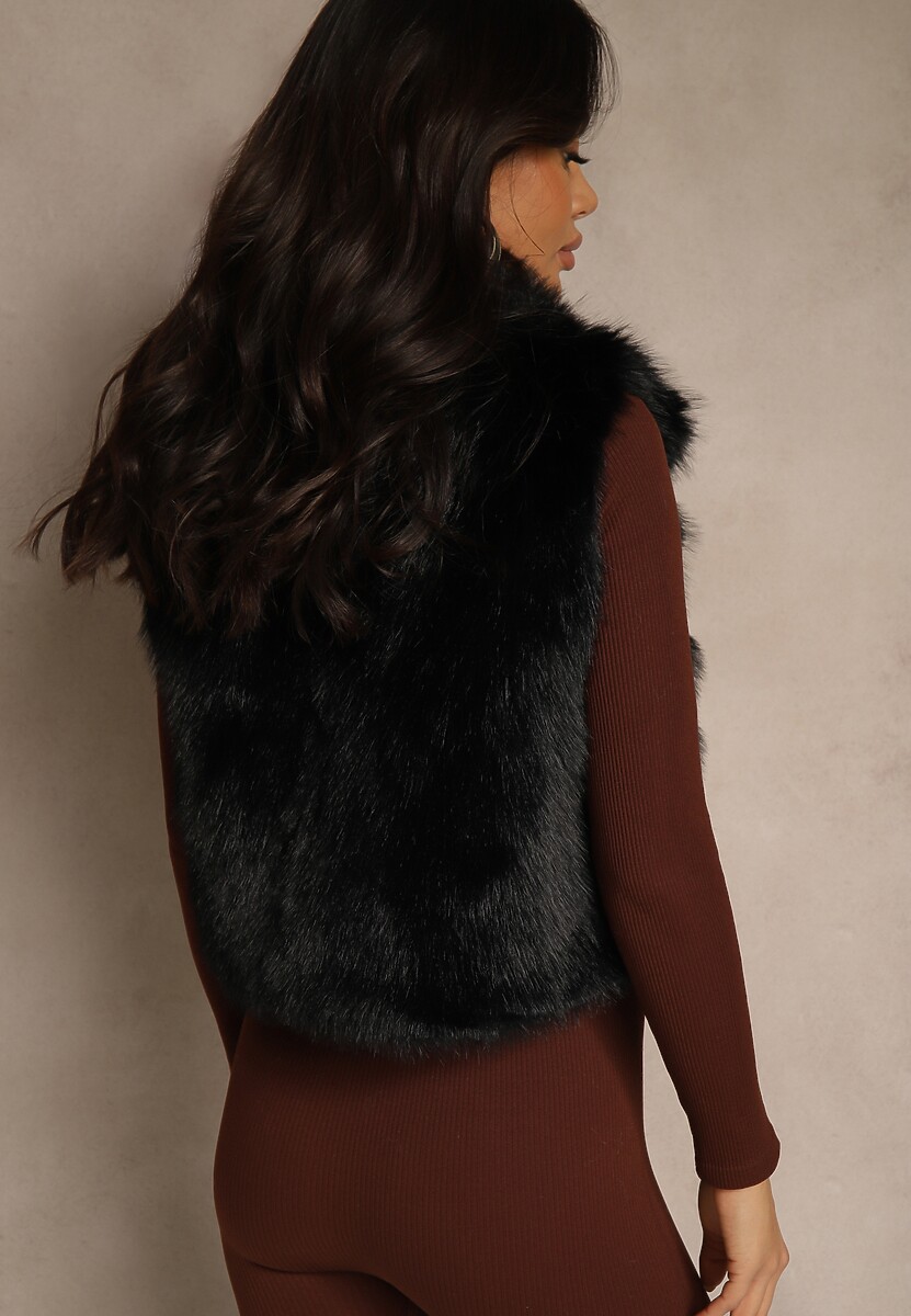 Czarna Futerkowa Kamizelka z Kołnierzem i Kieszeniami Nenessa