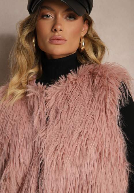 Ciemnoróżowa Futerkowa Kamizelka o Prostym Kroju z Kieszeniami Venialith