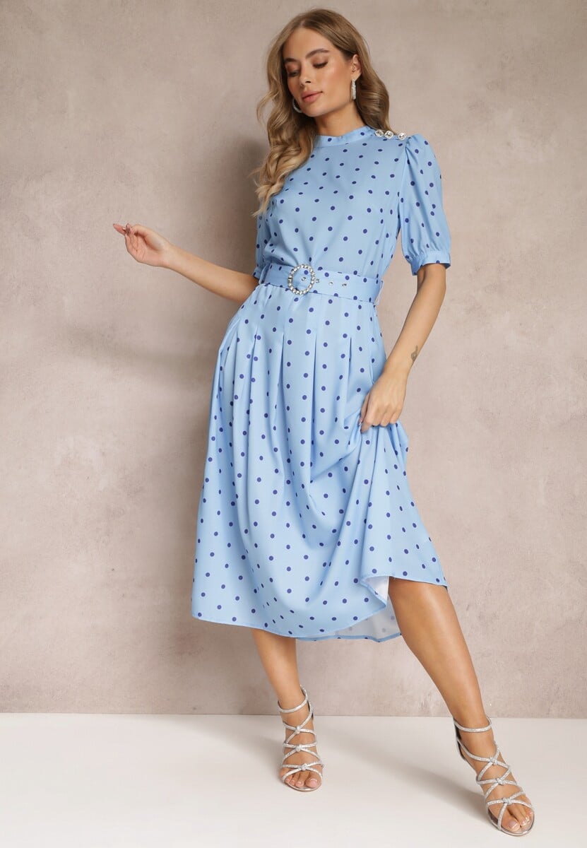 Niebieska Rozkloszowana Sukienka Midi z Gumką w Pasie i Ozdobnym Paskiem z Klamrą Abennita