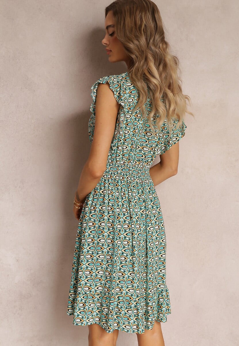 Zielona Wiskozowa Sukienka Mini z Gumkami w Pasie w Kwiatki Reeves