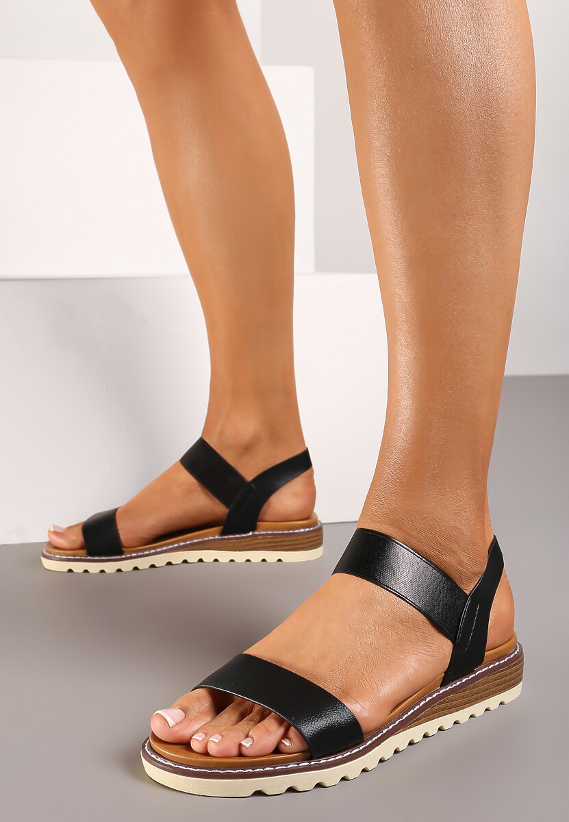 Czarne Casualowe Sandały na Płaskiej Podeszwie Imitującej Korek bez Zapięcia Biorena