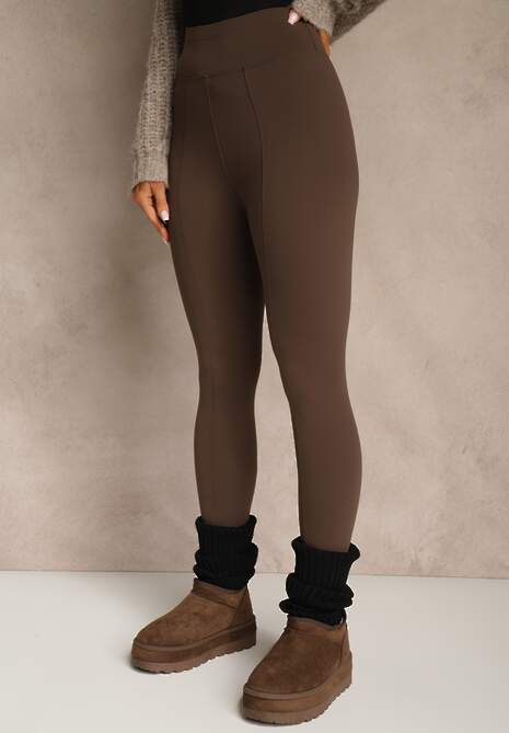 Brązowe Klasyczne Legginsy High Waist z Zapiętkami i Ociepleniem Serafeia
