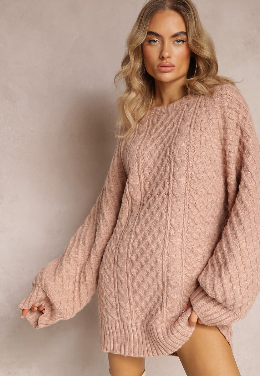 Różowy Długi Sweter Ozdobiony Drobnym Splotem Killoe