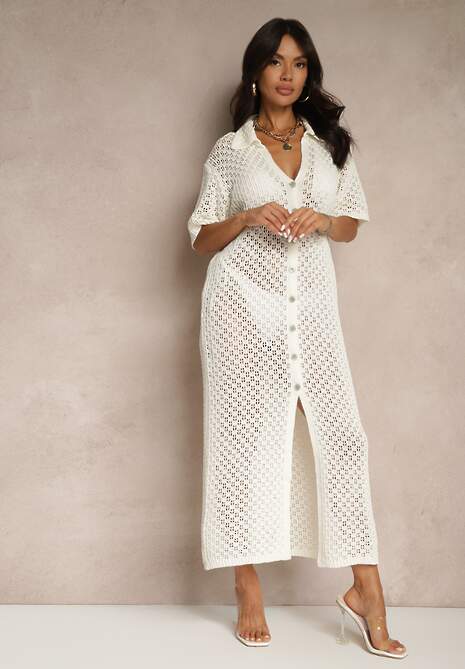 Jasnobeżowa Koszulowa Sukienka z Bawełną z Siateczki Folesia