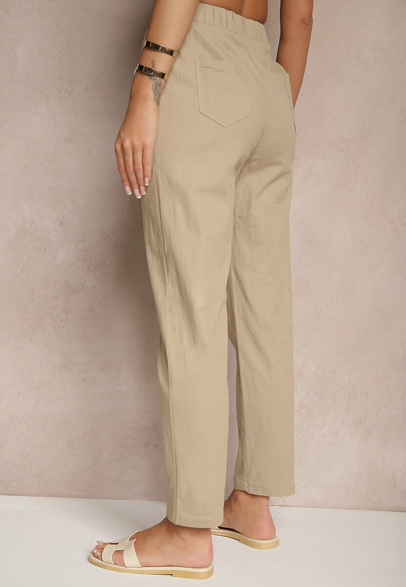 Ciemnobeżowe Bawełniane Spodnie ze Sznurkami Fenarlia