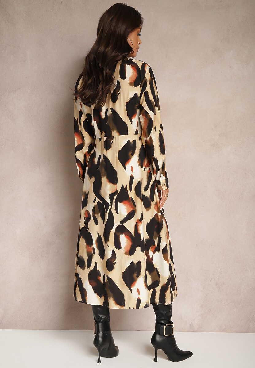 Beżowa Wzorzysta Sukienka o Koszulowym Kroju z Paskiem z Plecionki Mirirani